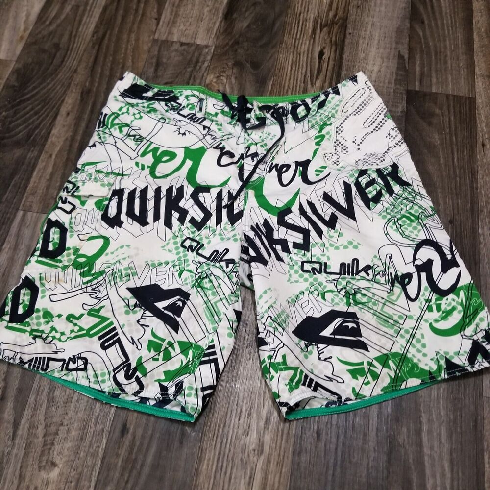 Quicksilver Swim Trunks / Board Shorts Men’s 36 Green White Discolored Y2k